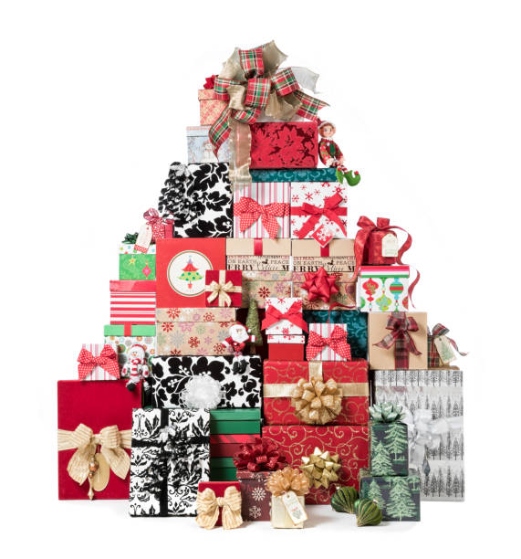 Stack of Wrapped Gifts in a Christmas Tree Shape